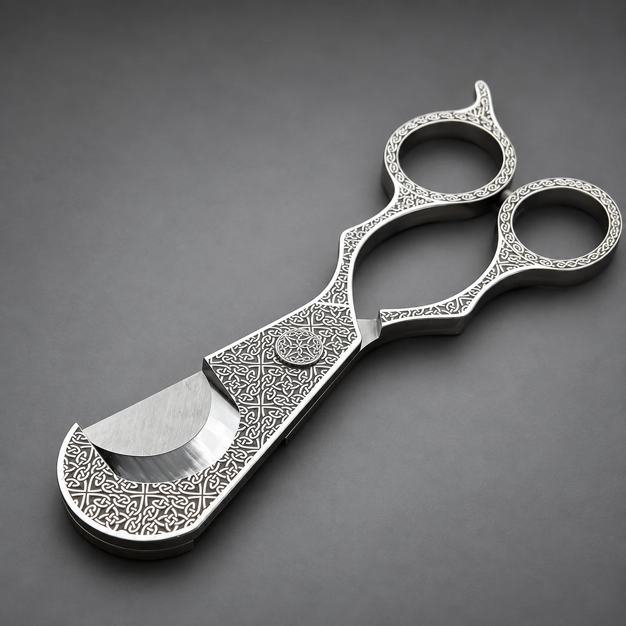 Celtic Knot scissors – blade end and body detail, guillotine cut and engraved surface