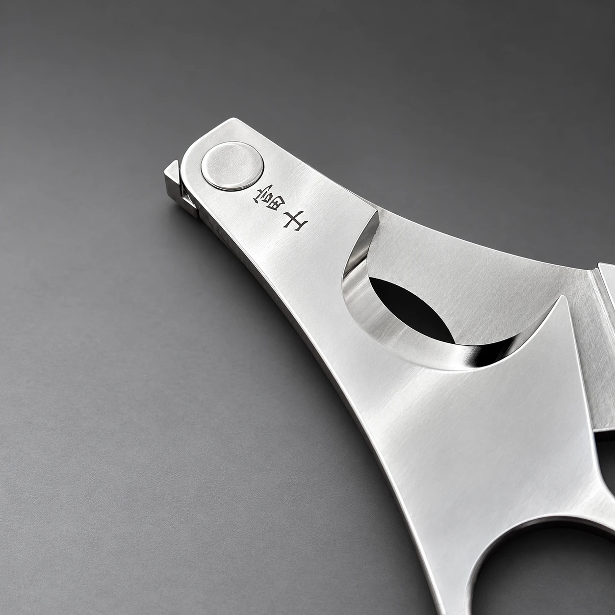 FUJI scissors – close-up of pivot and blade, 富士 Kanji engraved on polished steel