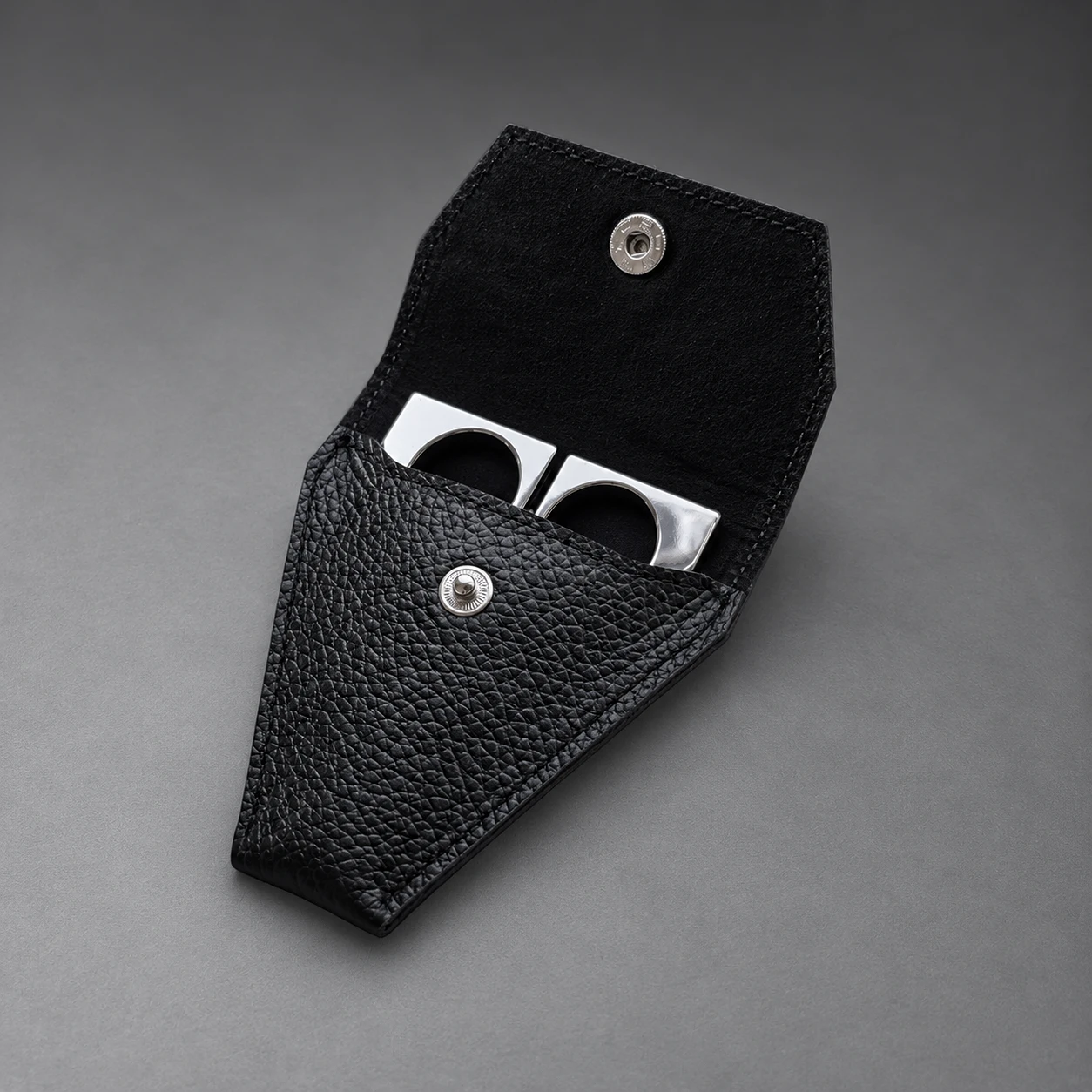 FUJI leather case – open, soft nubuck interior with FUJI scissors in place, top view