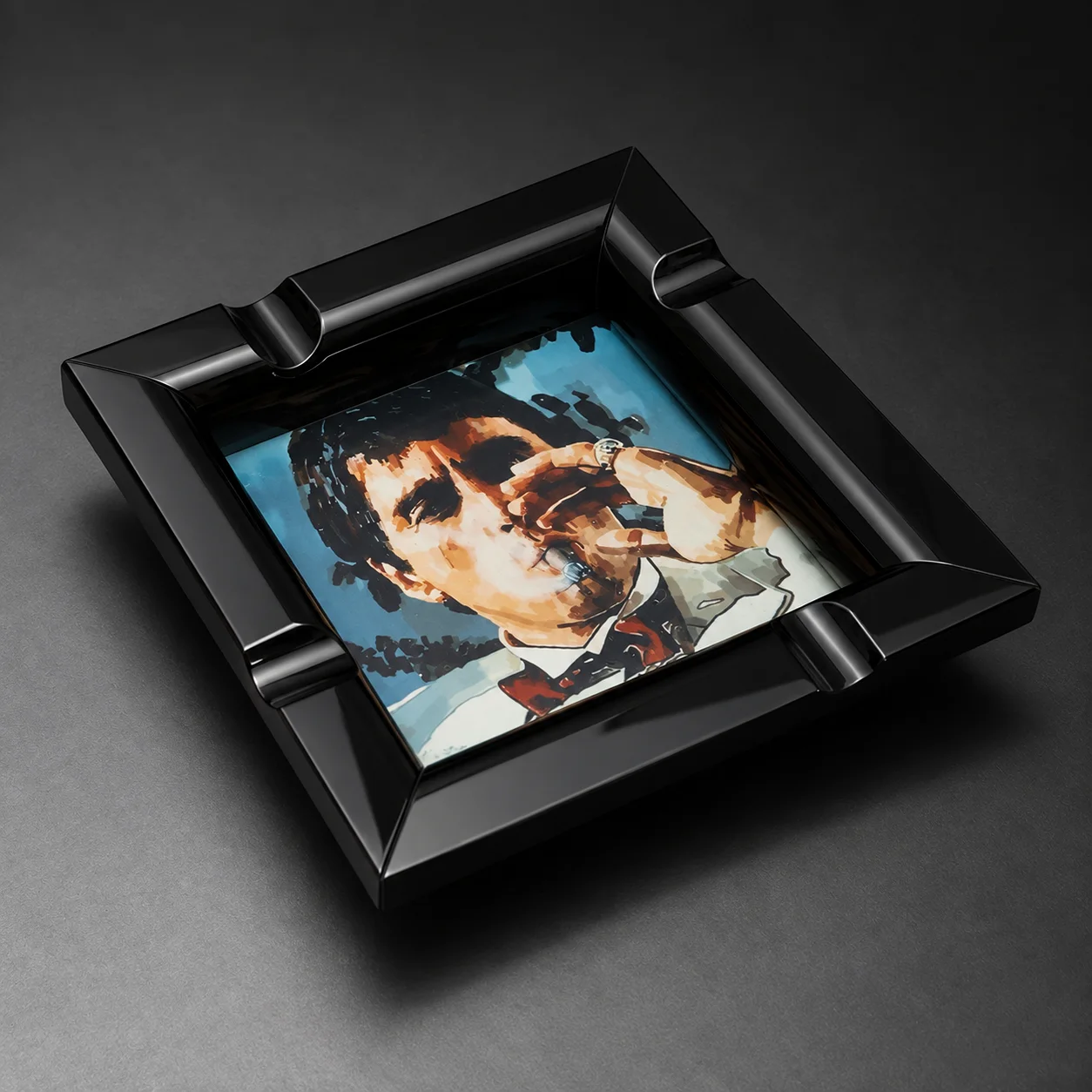 Imprint square obsidian cigar ashtray – Al Pacino design, bespoke artwork on volcanic stone