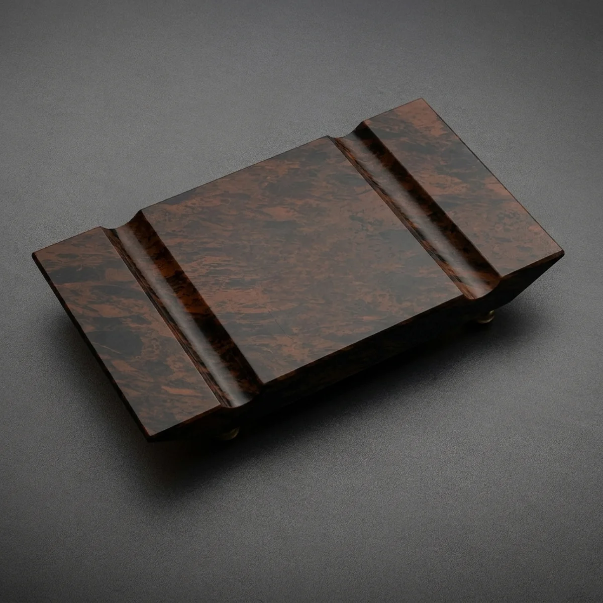 Cigar Service Board (Compact, Brown Burl) – two rest channels, 24K gold-plated brass legs