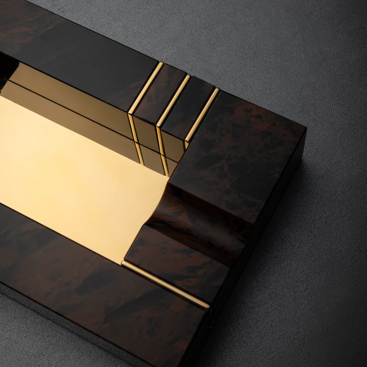 Brown & Gold ashtray — architectural gold grid on Brown Burl obsidian