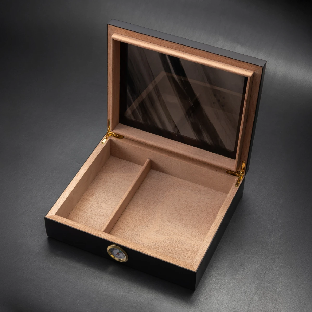 Humidor No. I — front view, obsidian lid and hygrometer detail