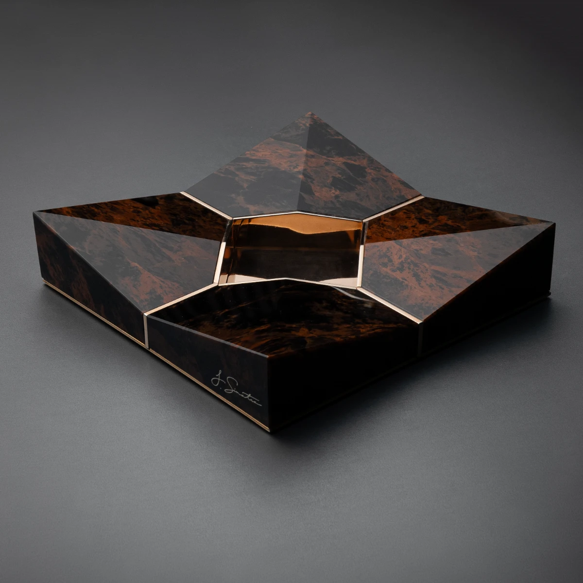 Sinatra obsidian cigar ashtray — Brown Burl volcanic stone, geometric star form